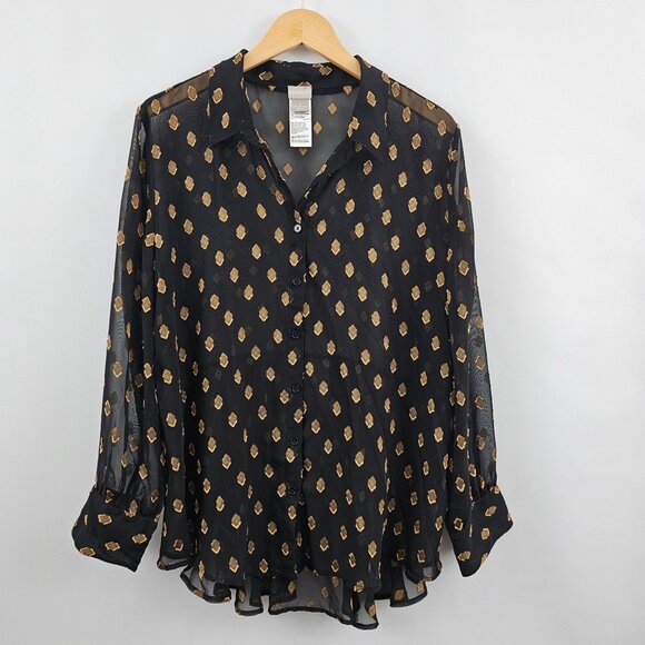 Chico's Button Up Blouse Black Gold Sheer 3/XL Lightweight Peplum Pleated Back - Picture 12 of 12